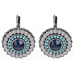 Modern ethnic round dangle drop earrings with blue and white crystals